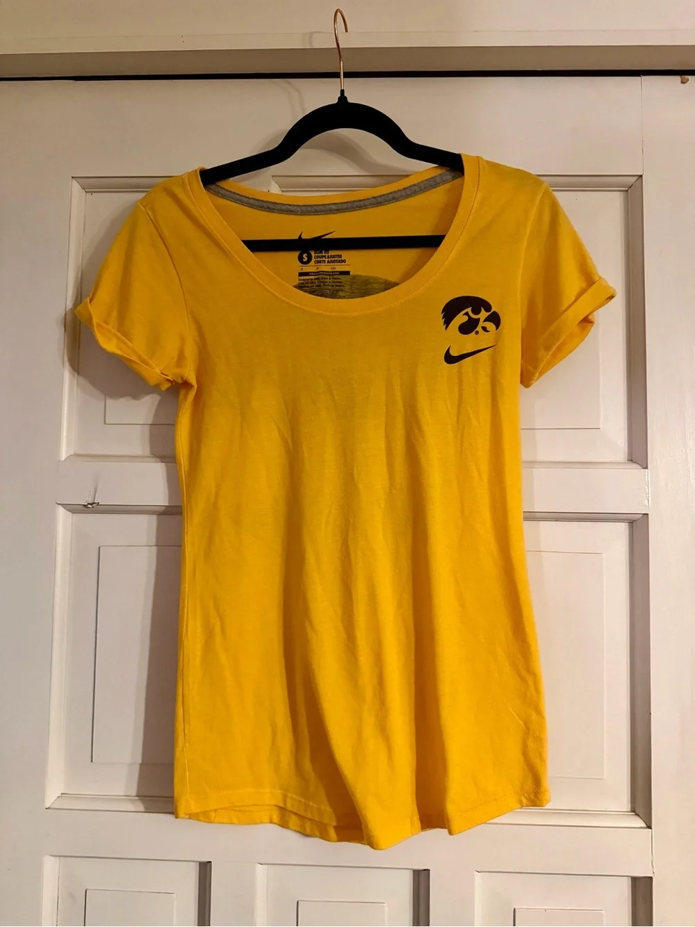 Nike Women's Bright Yellow Scoop Neck Short Sleeve Tee with Hawkeye Logo